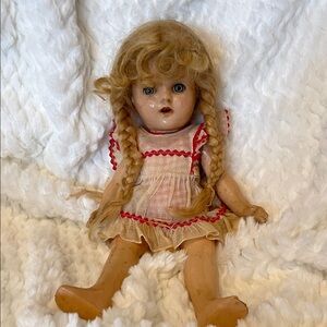 Vintage Doll with Braided Hair and Red Accents 40’s doll fair shape